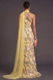 Yellow Mermaid Floral One Shoulder Embroidered Long Formal Dress