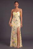 Mermaid Yellow Floral Strapless Long Formal Dress with Slit
