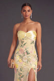 Mermaid Yellow Floral Strapless Long Formal Dress with Slit