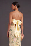 Mermaid Yellow Floral Strapless Long Formal Dress with Slit