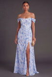 Light Blue Floral Corset Off the Shoulder Long Formal Dress with Slit