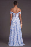 Light Blue Floral Corset Off the Shoulder Long Formal Dress with Slit