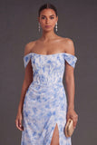 Light Blue Floral Corset Off the Shoulder Long Formal Dress with Slit