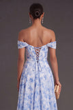 Light Blue Floral Corset Off the Shoulder Long Formal Dress with Slit
