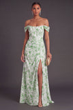 Light Blue Floral Corset Off the Shoulder Long Formal Dress with Slit