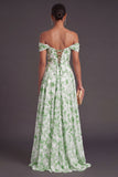 Light Blue Floral Corset Off the Shoulder Long Formal Dress with Slit