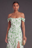 Light Blue Floral Corset Off the Shoulder Long Formal Dress with Slit