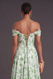 Light Blue Floral Corset Off the Shoulder Long Formal Dress with Slit
