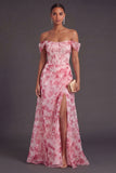 Light Blue Floral Corset Off the Shoulder Long Formal Dress with Slit