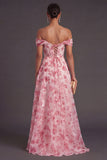 Light Blue Floral Corset Off the Shoulder Long Formal Dress with Slit