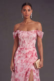 Light Blue Floral Corset Off the Shoulder Long Formal Dress with Slit