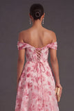Light Blue Floral Corset Off the Shoulder Long Formal Dress with Slit