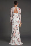 Ivory Mermaid Ruched Floral Long Formal Dress