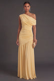 One Shoulder Yellow A Line Ruched Long Formal Dress