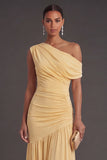 One Shoulder Yellow A Line Ruched Long Formal Dress