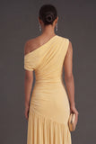 One Shoulder Yellow A Line Ruched Long Formal Dress