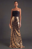 Strapless Mermaid Sparkly Black and Gold Long Formal Dress