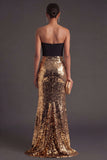 Strapless Mermaid Sparkly Black and Gold Long Formal Dress