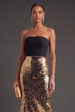 Strapless Mermaid Sparkly Black and Gold Long Formal Dress