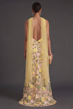 Yellow Mermaid Floral Neck Scarf Long Formal Dress