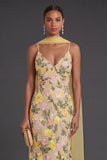 Yellow Mermaid Floral Neck Scarf Long Formal Dress