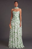A Line Light Green Floral Neck Scarf Long Formal Dress