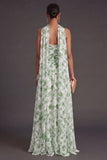 A Line Light Green Floral Neck Scarf Long Formal Dress