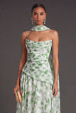 A Line Light Green Floral Neck Scarf Long Formal Dress
