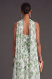A Line Light Green Floral Neck Scarf Long Formal Dress