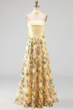 Yellow Floral A Line Strapless Long Formal Dress