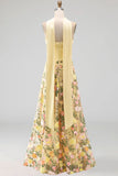 Yellow Floral A Line Strapless Long Formal Dress