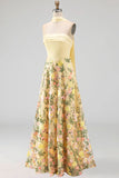 Yellow Floral A Line Strapless Long Formal Dress