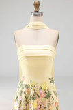 Yellow Floral A Line Strapless Long Formal Dress