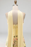 Yellow Floral A Line Strapless Long Formal Dress