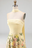 Yellow Floral A Line Strapless Long Formal Dress