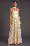 Yellow Floral A Line Strapless Long Formal Dress