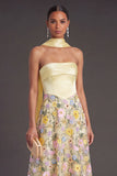 Yellow Floral A Line Strapless Long Formal Dress
