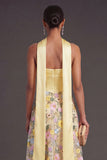 Yellow Floral A Line Strapless Long Formal Dress