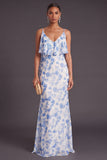 Light Green Floral Mermaid Ruffled Long Formal Dress