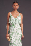 Light Green Floral Mermaid Ruffled Long Formal Dress