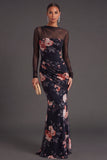 Black Floral Mermaid Ruched Long Formal Dress