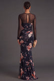 Black Floral Mermaid Ruched Long Formal Dress