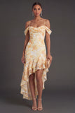 Yellow Ruffled Floral High Low Formal Dress