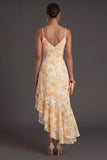 Yellow Ruffled Floral High Low Formal Dress