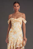 Yellow Ruffled Floral High Low Formal Dress