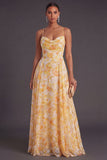 A Line Floral Yellow Spaghetti Straps Long Formal Dress