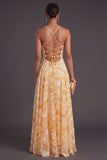 A Line Floral Yellow Spaghetti Straps Long Formal Dress