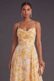 A Line Floral Yellow Spaghetti Straps Long Formal Dress