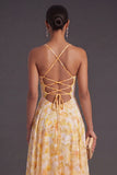 A Line Floral Yellow Spaghetti Straps Long Formal Dress