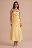Yellow Floral Strapless A Line Long Wedding Guest Dress